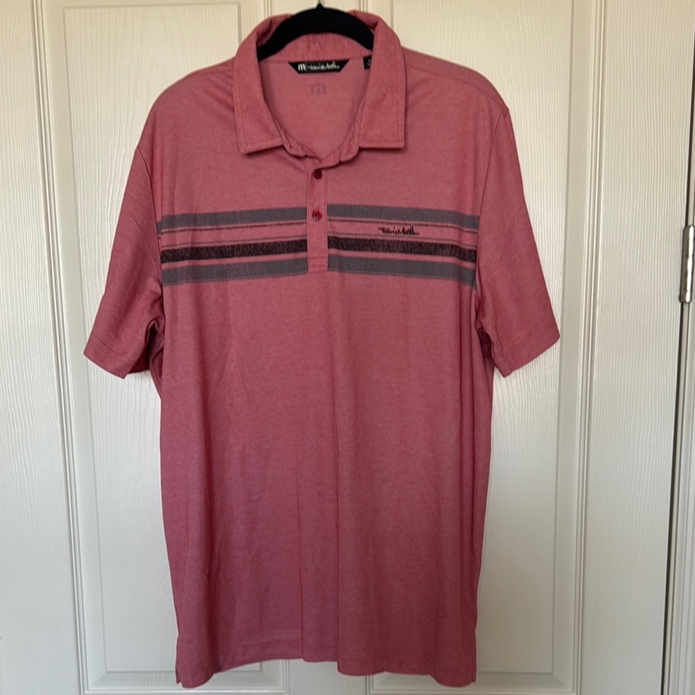 Travis Mathew Men's Polo Shirt in Red with Gray Stripes
